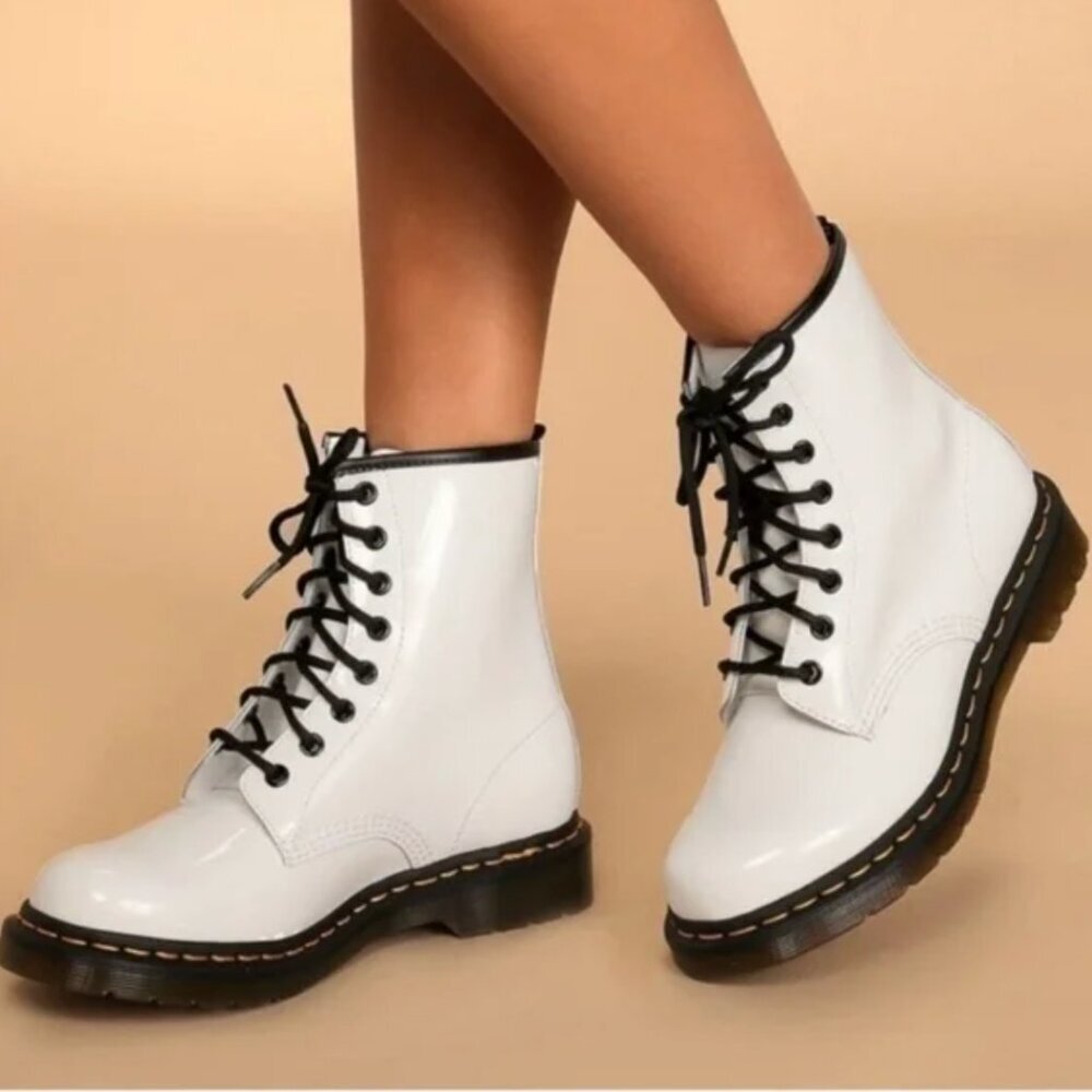 Dr. Martens White Combat Boots Women Size 10‎ Leather Black 8-Eye New No Box